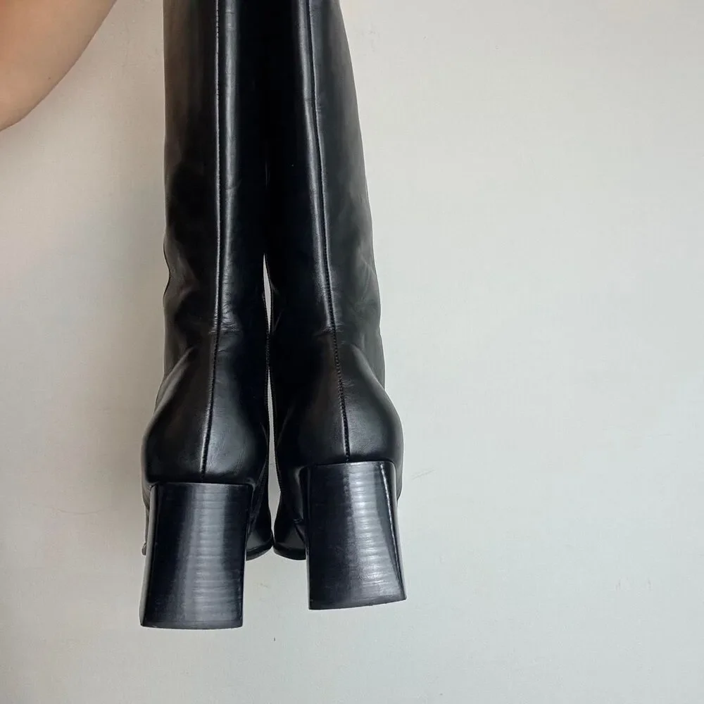 Bass Vintage 90s Y2K Black Leather Square Toe and Block Heel Knee High Boots